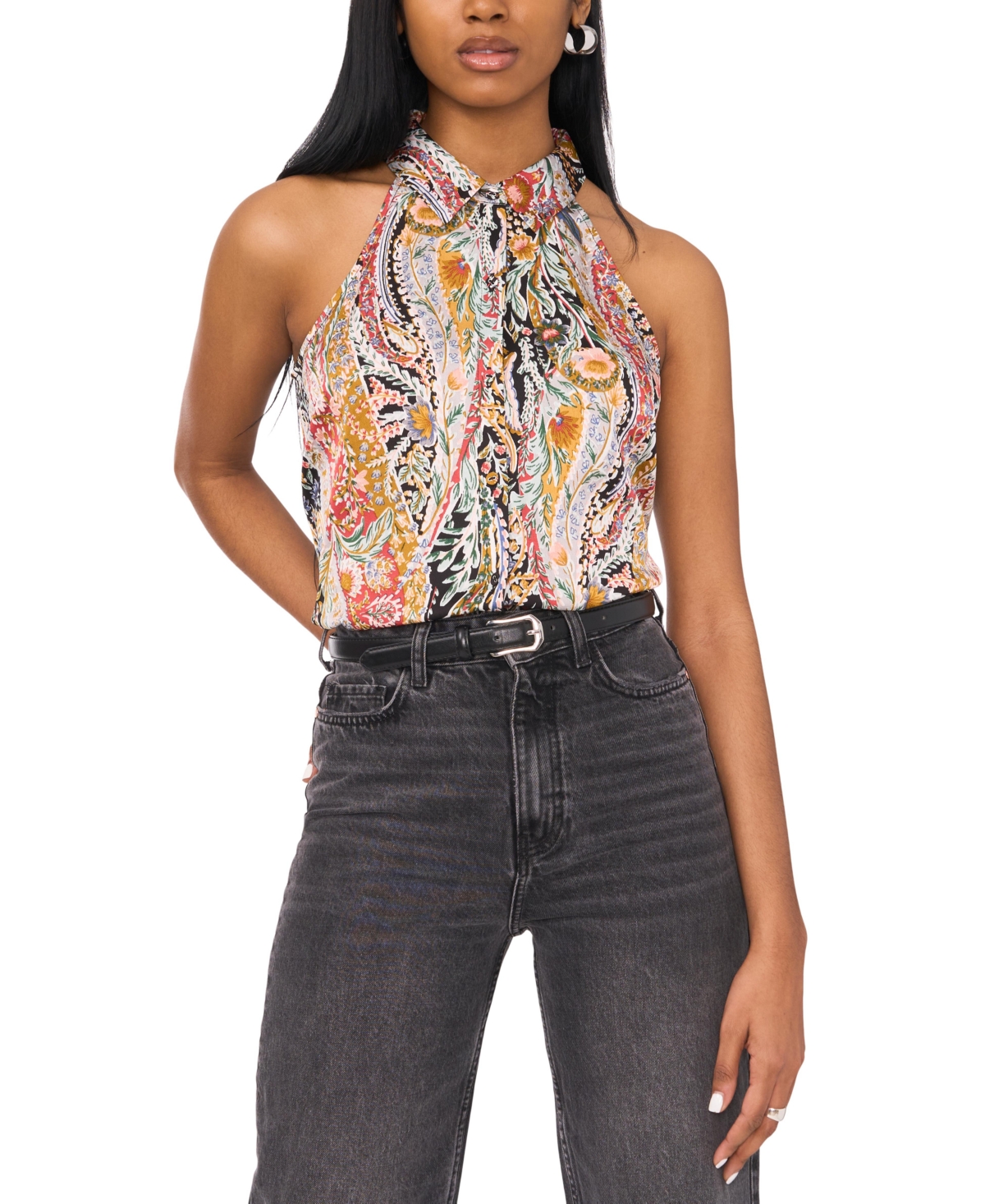 Women's Printed Sleeveless Button-Up Blouse - Rich Black