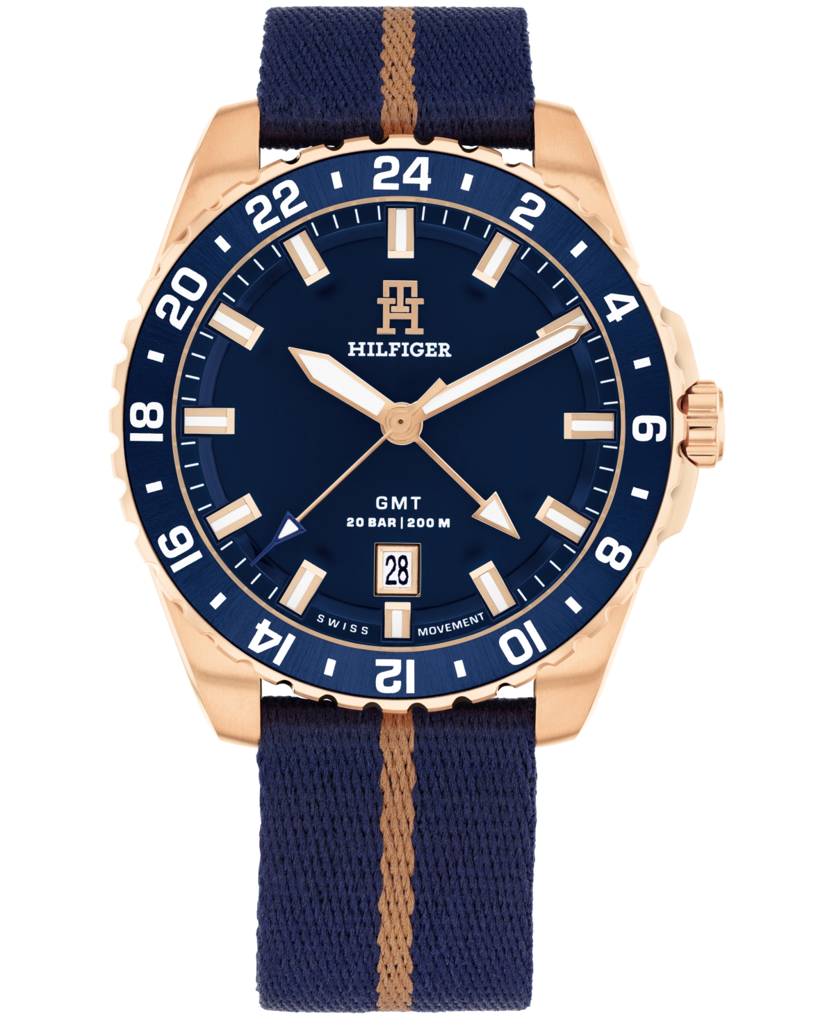 Shop Tommy Hilfiger Men's Swiss Blue And Rose Gold Ocean Tide Textile Watch 42mm In Navy