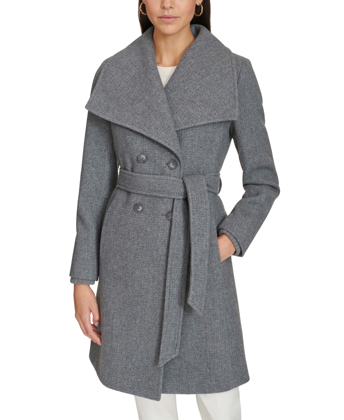Calvin Klein Women's Double-breasted Belted Coat In Medium Grey