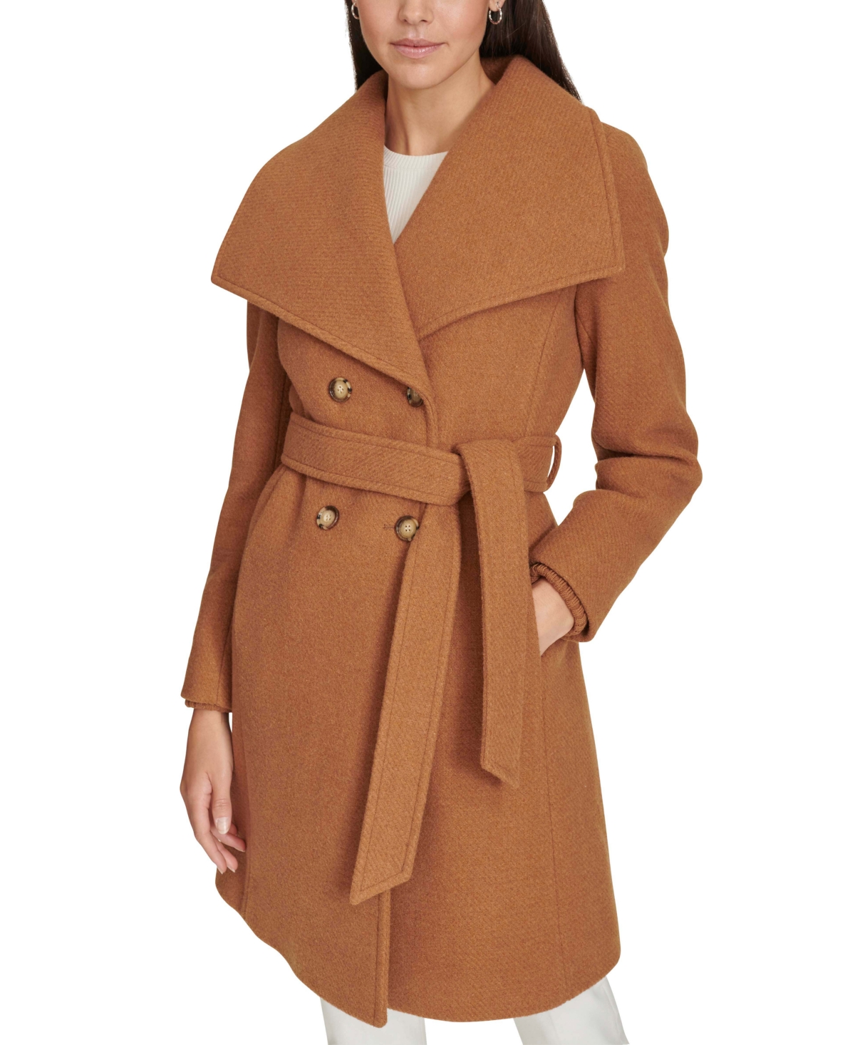 Calvin Klein Women s Double Breasted Belted Coat Dark Camel Smart Closet