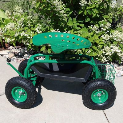 Outdoor Heavy-Duty Steel Rolling Gardening Cart with Adjustable Height Swivel Chair, Tool Tray, and Basket