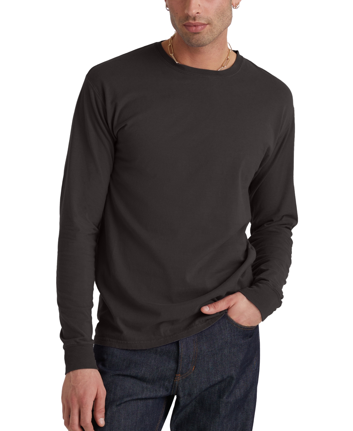 Shop Hanes Unisex Garment Dyed Long Sleeve Cotton T-shirt In Black