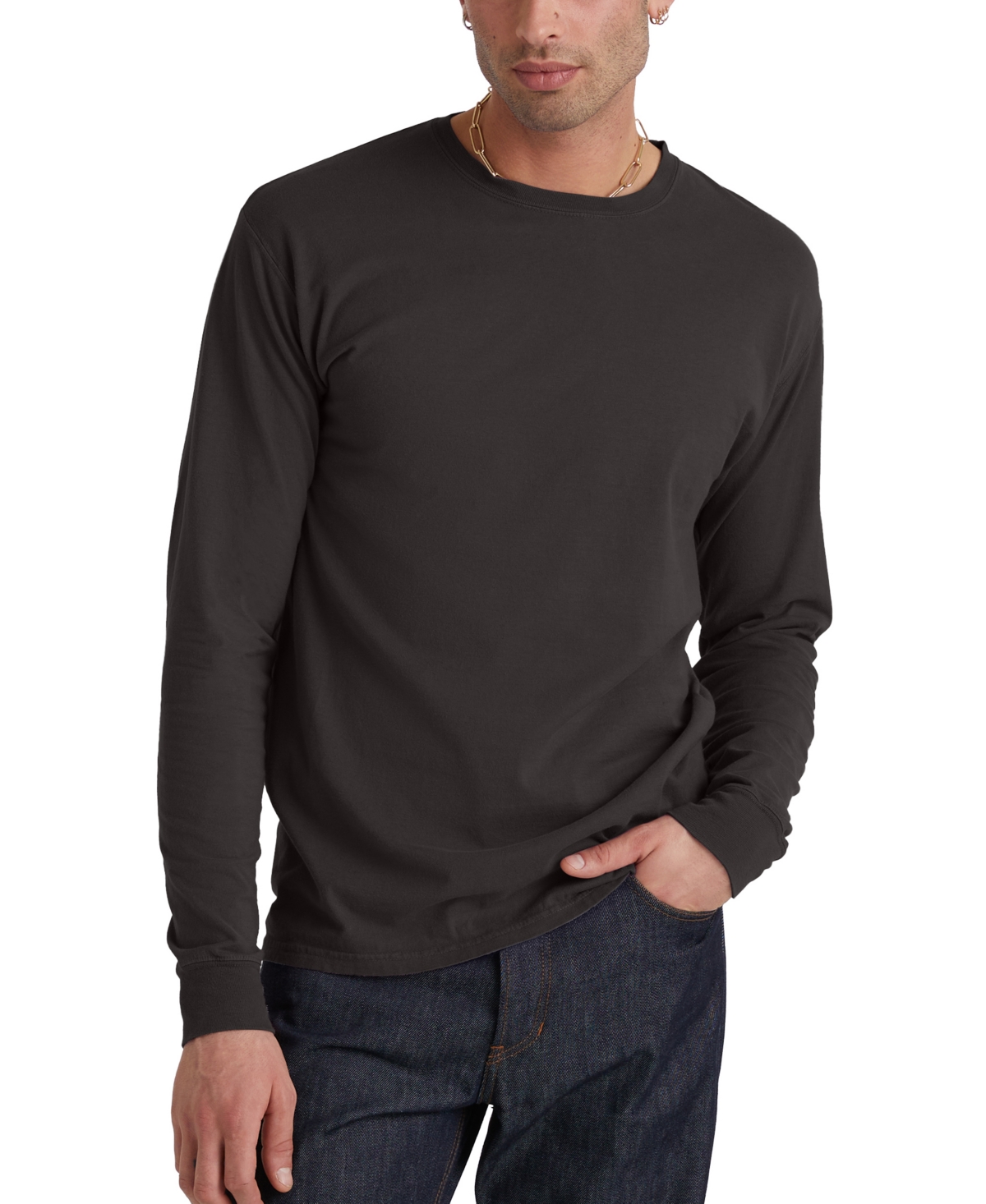 Hanes Unisex Garment Dyed Long Sleeve Cotton T-shirt In Green