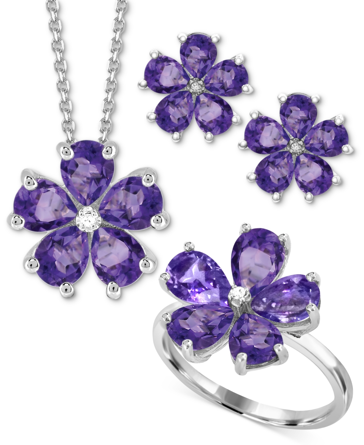 Macy's Amethyst (3-1/4 Ct. T.w.) & Diamond Accent Flower Ring In Sterling Silver In Amethyst