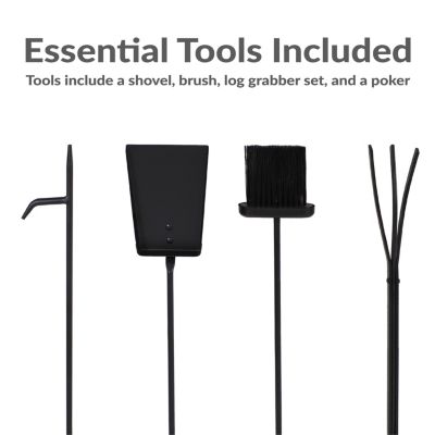 5pc Indoor/Outdoor Steel Log Holder with Fireplace Tool Set, Tongs, Poker, Shovel and Brush - Black
