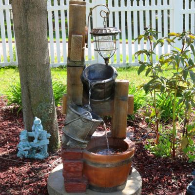 34-Inch Rustic Pouring Buckets Outdoor Water Fountain with Solar Light