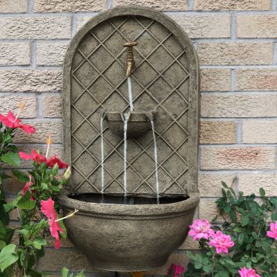 Messina 26-Inch Solar Outdoor Wall Water Fountain with Battery Backup, Pump and Panel - French Limestone