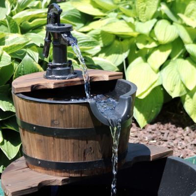 Country Wood Barrel 23-Inch 2-Tier Water Fountain - Electric Submersible Pump