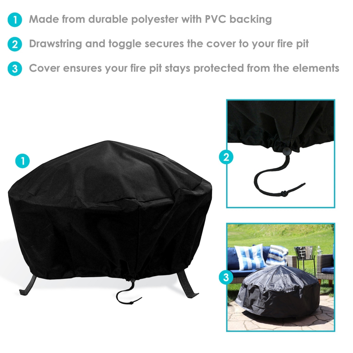Outdoor Heavy-Duty Weather-Resistant Vinyl Pvc Round Fire Pit Cover with Drawstring Closure - Black