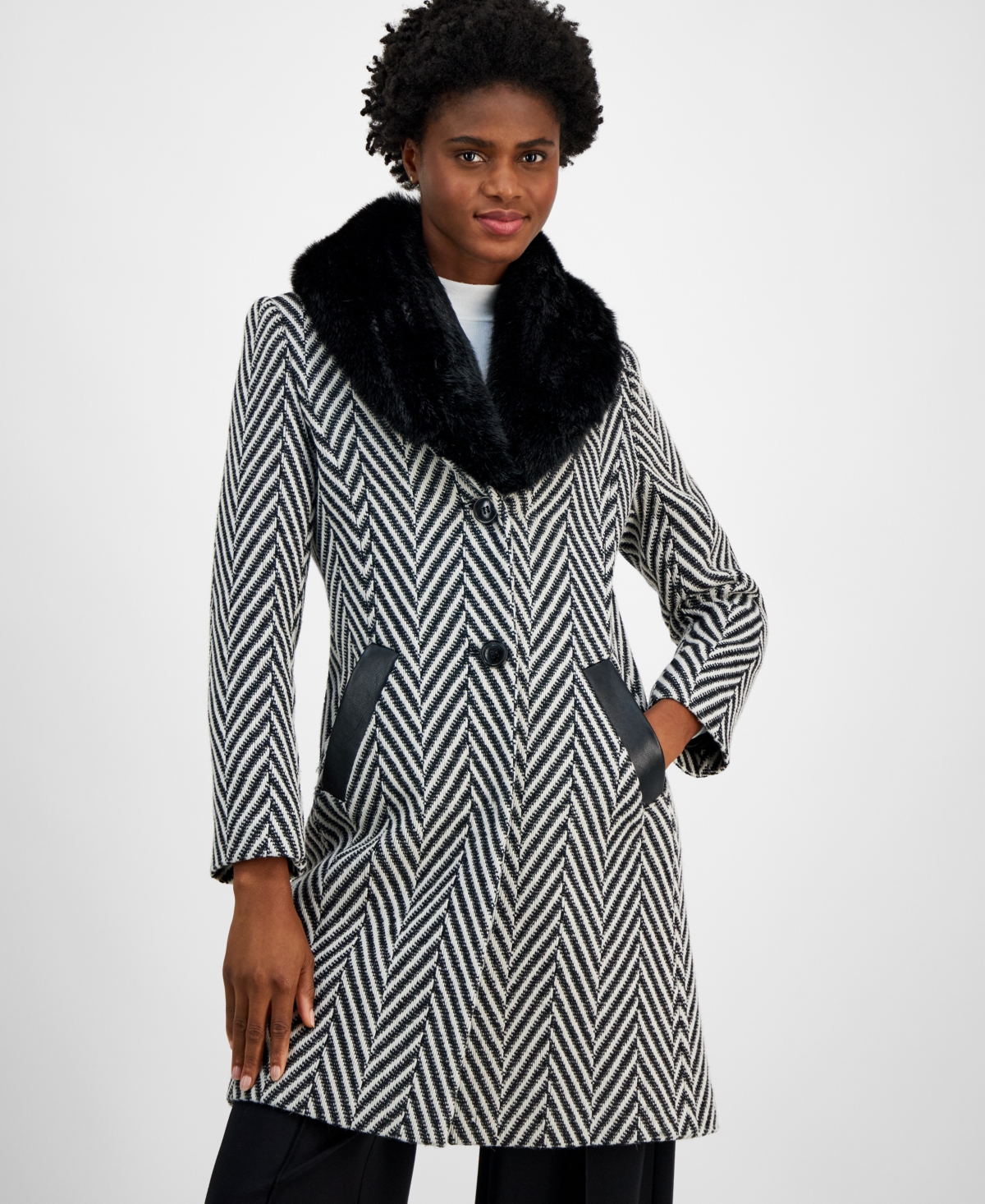 Via Spiga Women's Faux-Fur-Collar Chevron Coat
