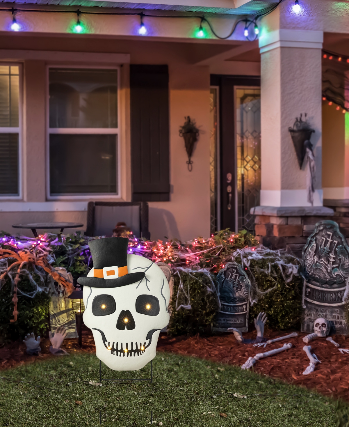 Glitzhome 38"h Lighted Halloween Metal Skull Yard Stake With Timer In Multi