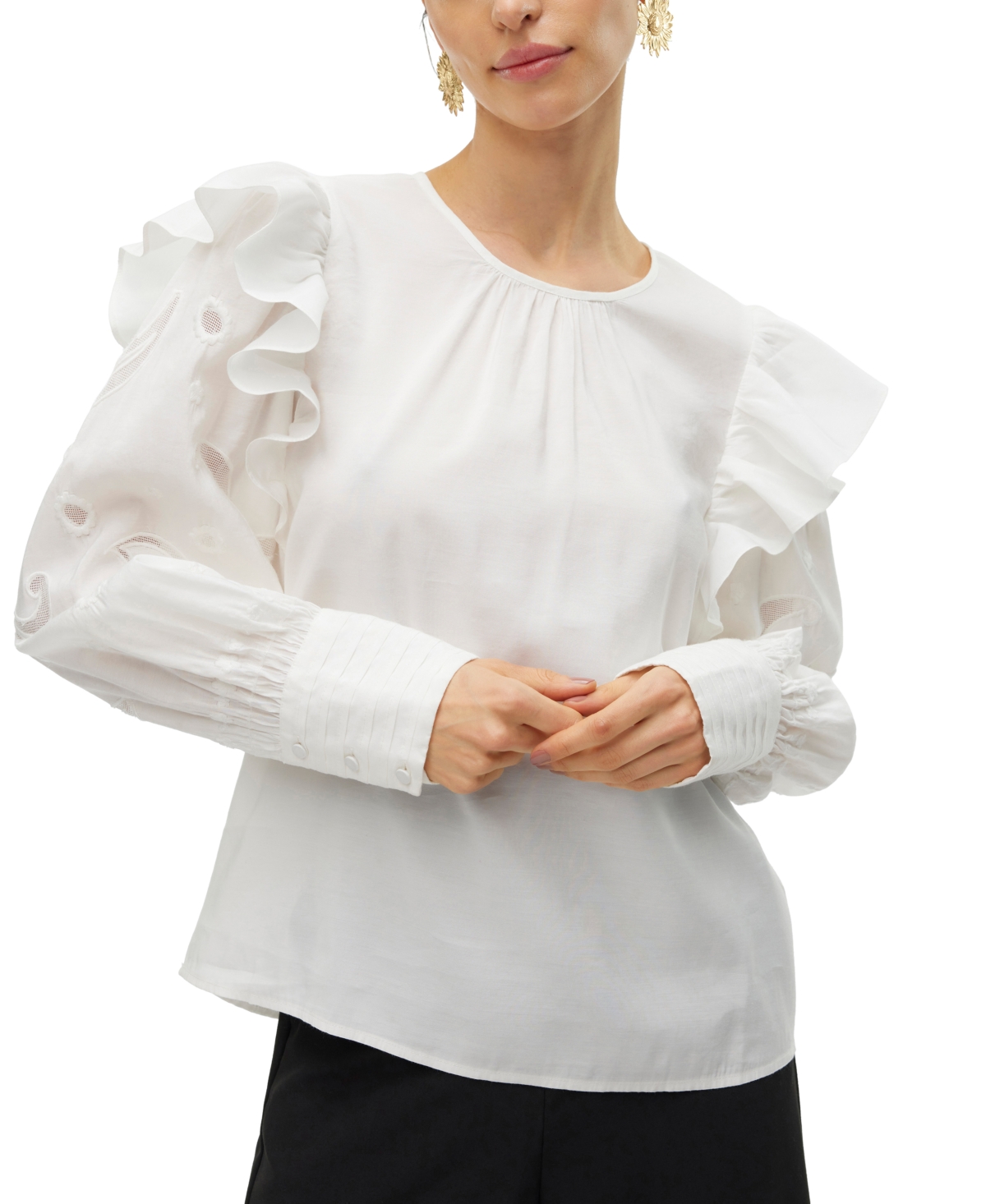 Shop Vero Moda Women's Bilde Embroidered-sleeve Frilled Top In Snow White
