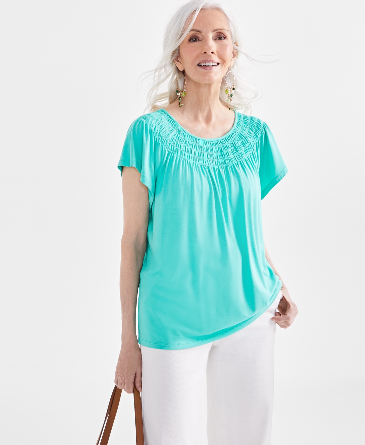 Petite Smocked-Neck Flutter-Sleeve Top, Created for Macy's - Harbor Gray