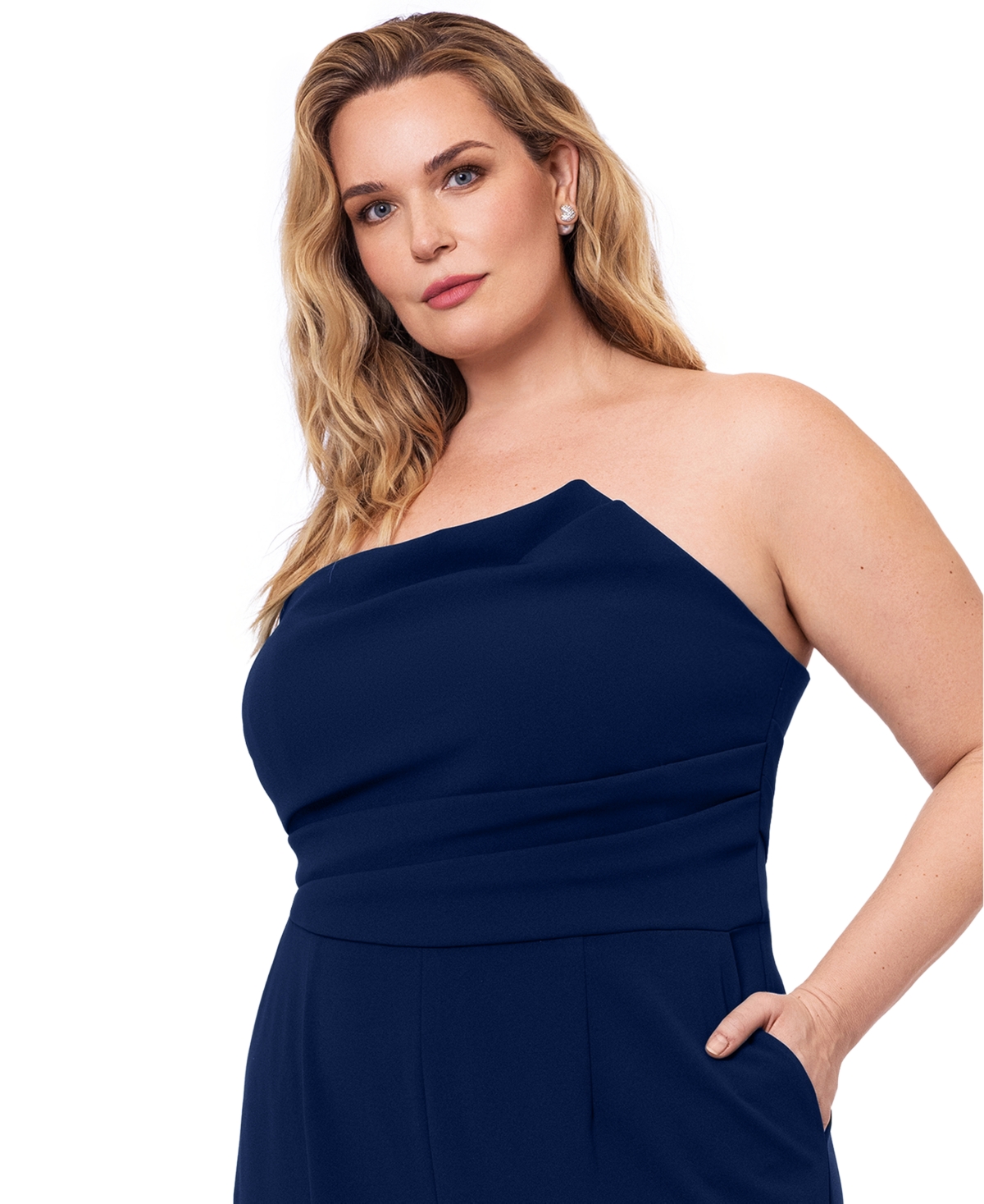 Betsy & Adam Plus Size Strapless Asymmetrical-neck Jumpsuit In Navy