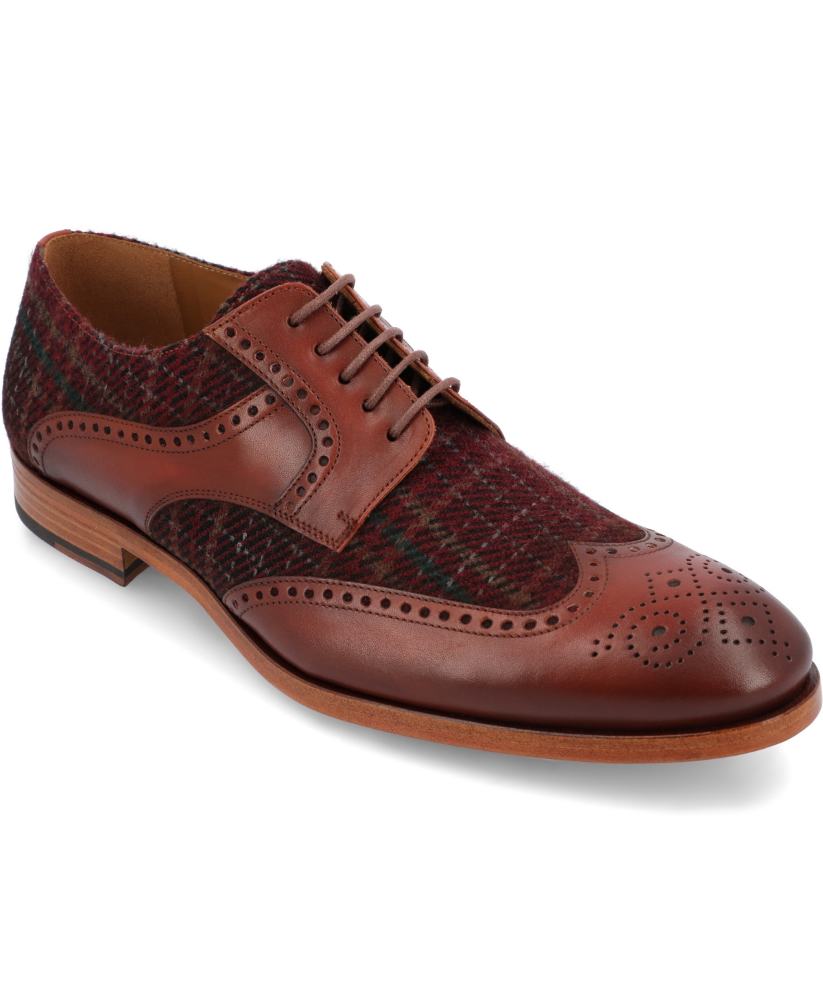 Men's Wallace Handcrafted Leather and Wool Brogue Wingtip Oxford Lace-up Dress Shoe - Red Plaid