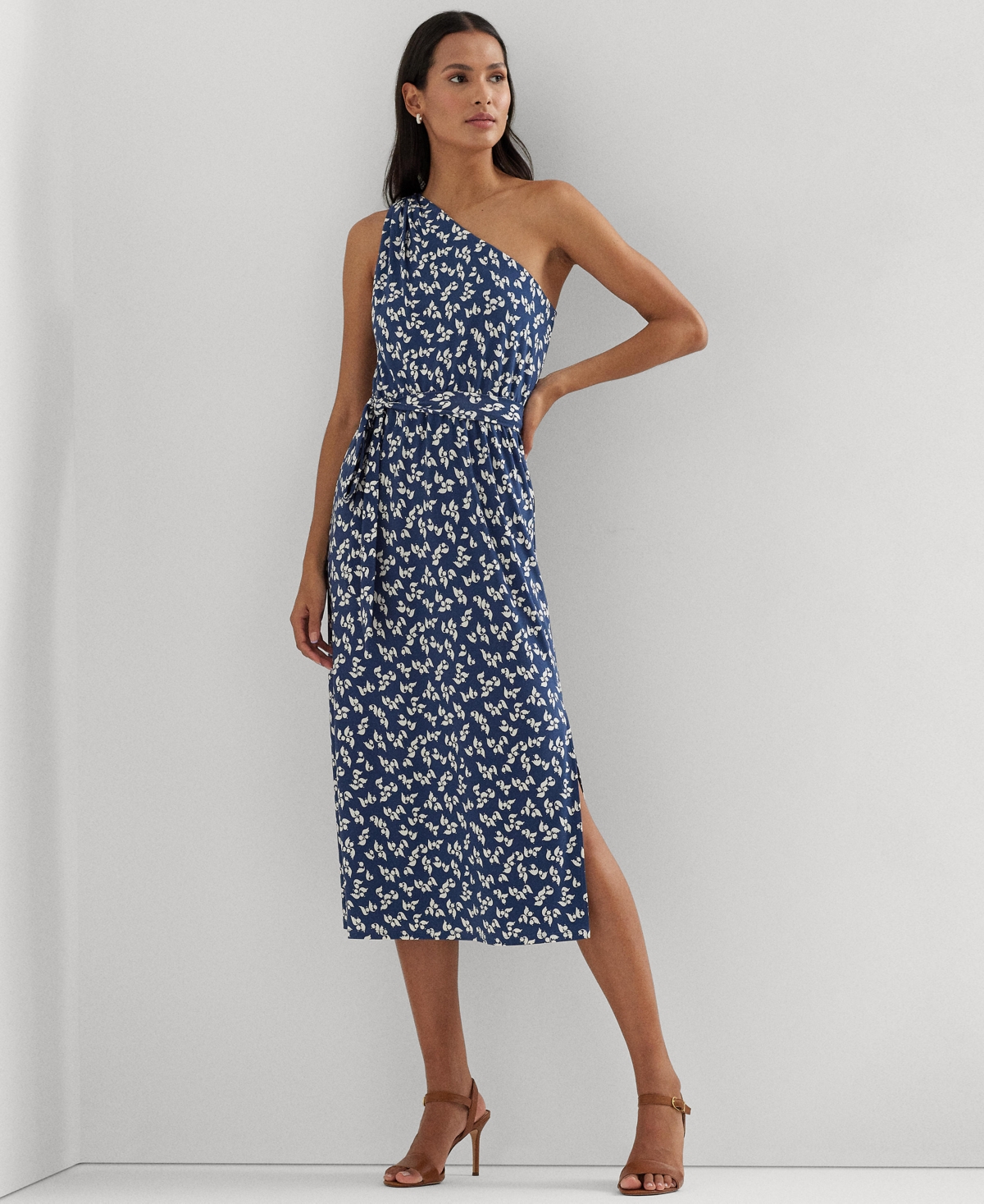 Women's Floral Belted Jersey One-Shoulder Dress - Blue