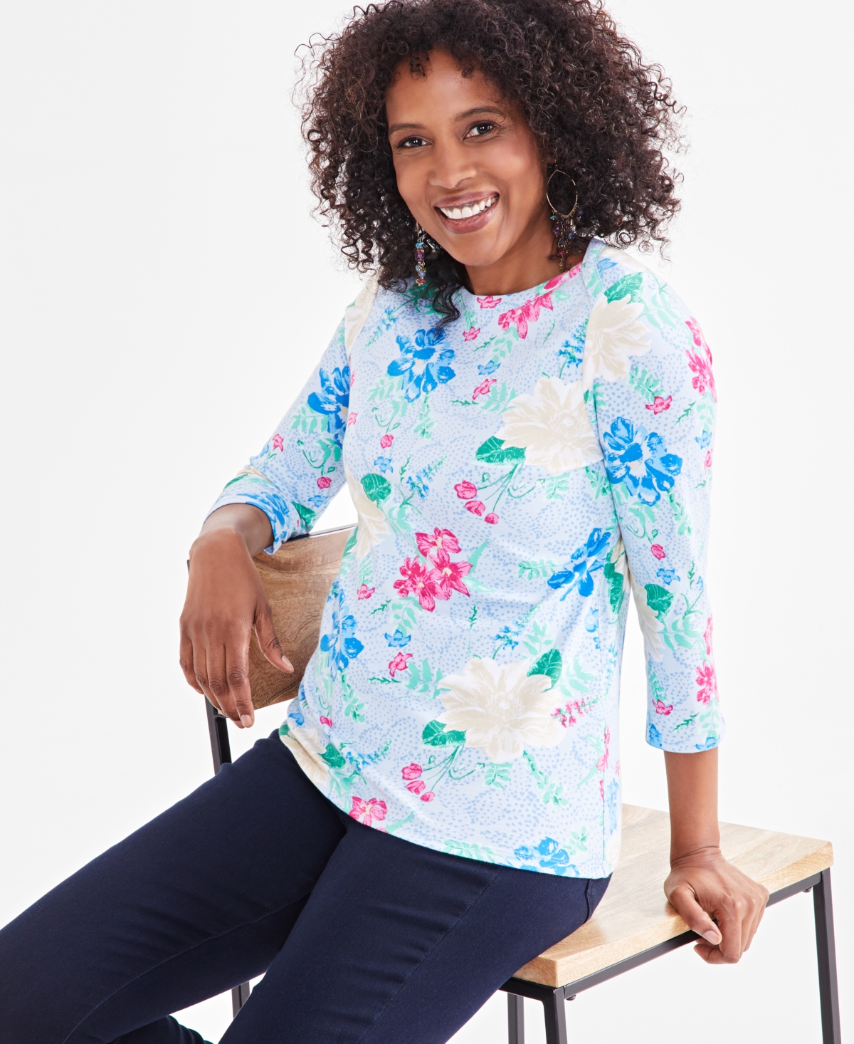 Style & Co Women's Printed Pima Cotton 3/4-Sleeve Top, Created for Macy's