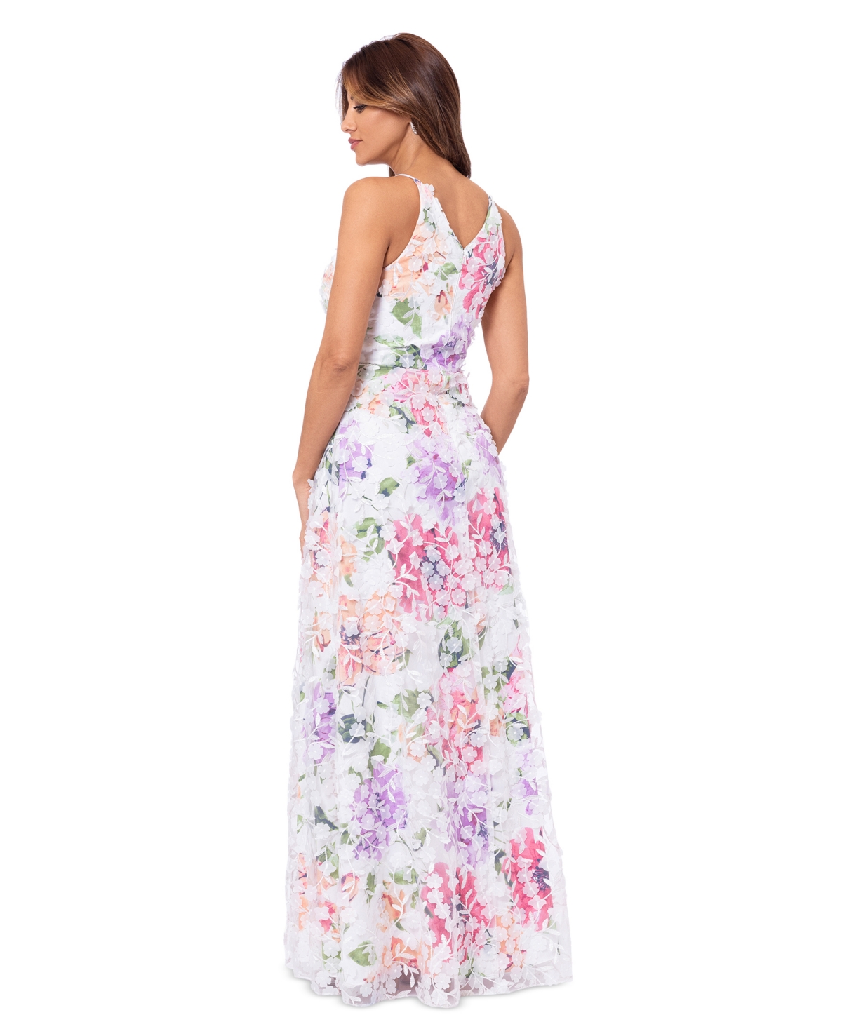 Xscape Women's 3D-Applique Floral-Print Gown -Pink/Green
