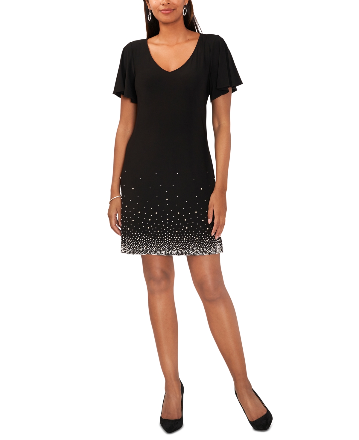 Shop Msk Petite Embellished Flutter-sleeve Dress In Black