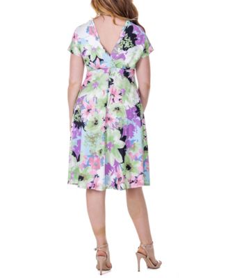 Floral Print V Neck Empire Waist Kimono Cap Sleeve Knee Length Dress