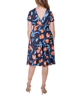 Tulip Print V Neck Empire Waist Kimono Cap Sleeve Knee Length Dress
