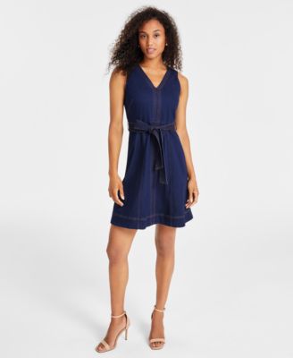 Anne Klein - Women's V-Neck Sleeveless Tie-Waist Denim Dress