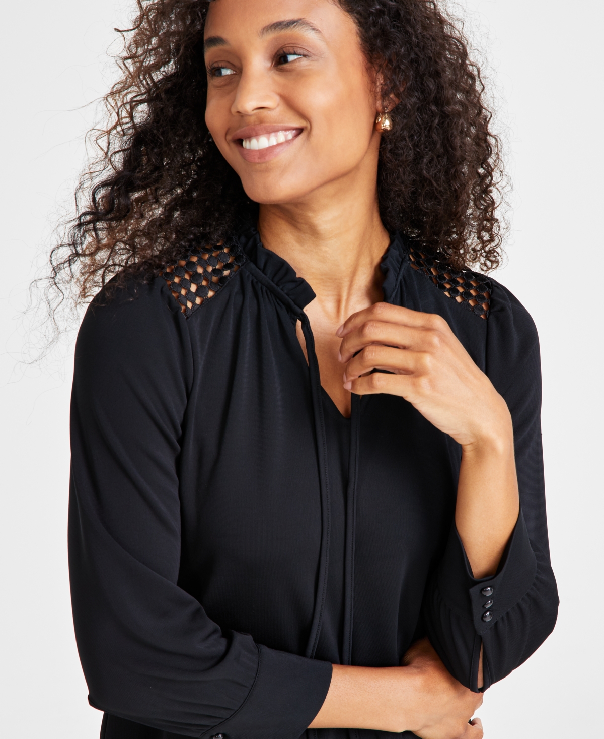 Anne Klein Women's Tie-Neck Lace-Shoulder Jersey Top