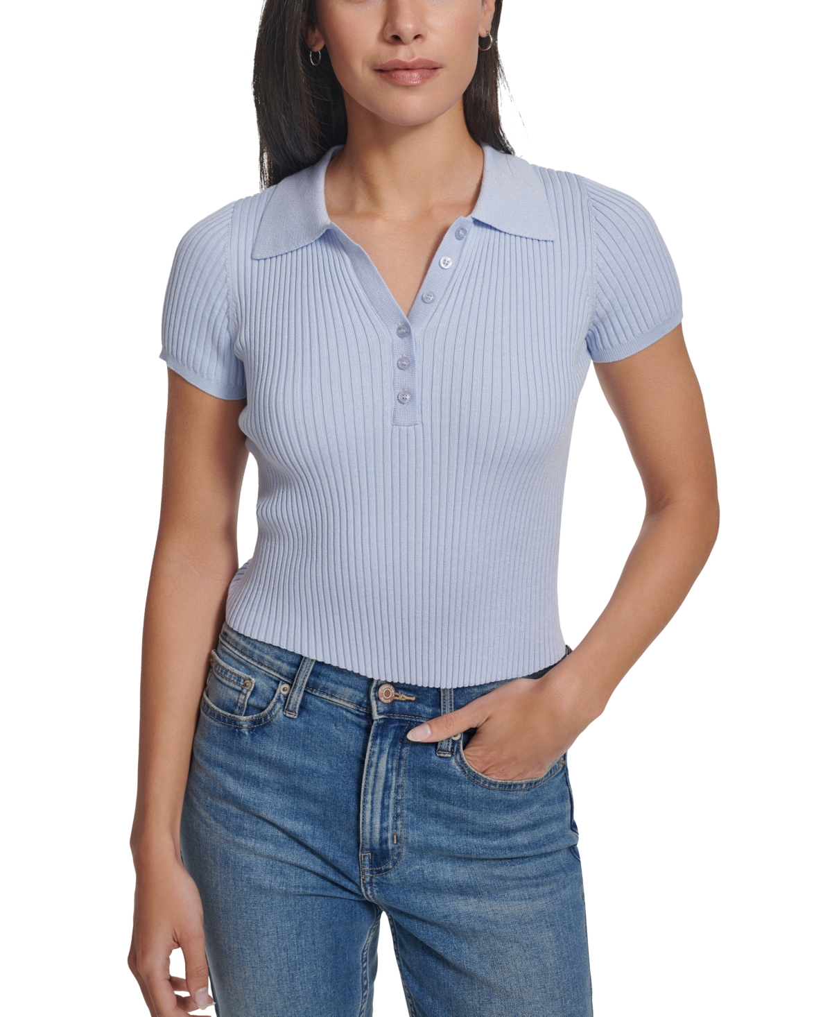 Shop Calvin Klein Jeans Est.1978 Petite Short-sleeve Ribbed Polo Shirt In Waterfall