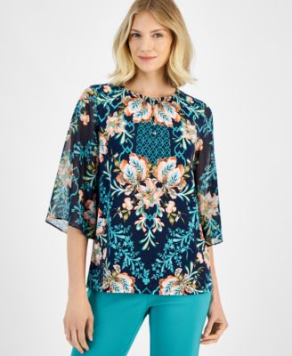 JM Collection - Women's Button-Trim Printed 3/4-Sleeve Top