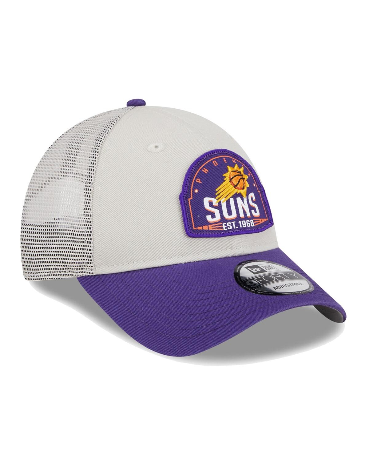 NEW ERA MEN'S KHAKI/PURPLE PHOENIX SUNS THROWBACK PATCH TRUCKER 9FORTY ADJUSTABLE HAT 