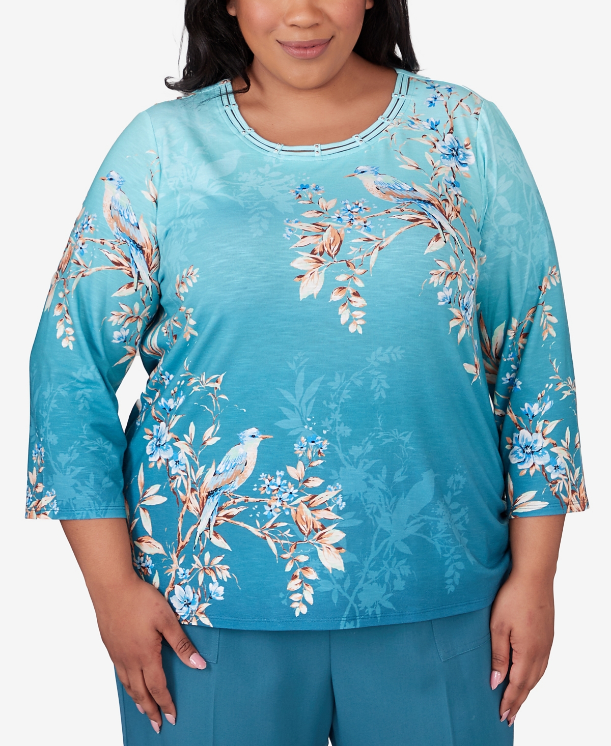 Alfred Dunner Plus Size Sedona Sky Ombre Bird Beaded Neck Top In Blue