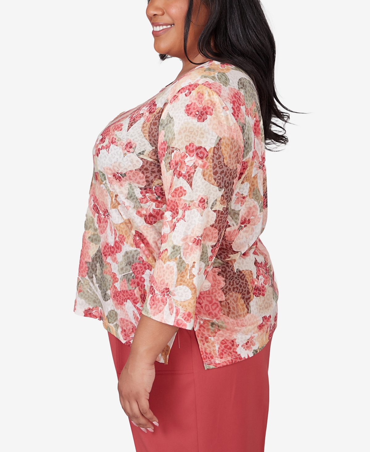 Shop Alfred Dunner Plus Size Sedona Sky Watercolor Knotted Neck Floral Top In Clay