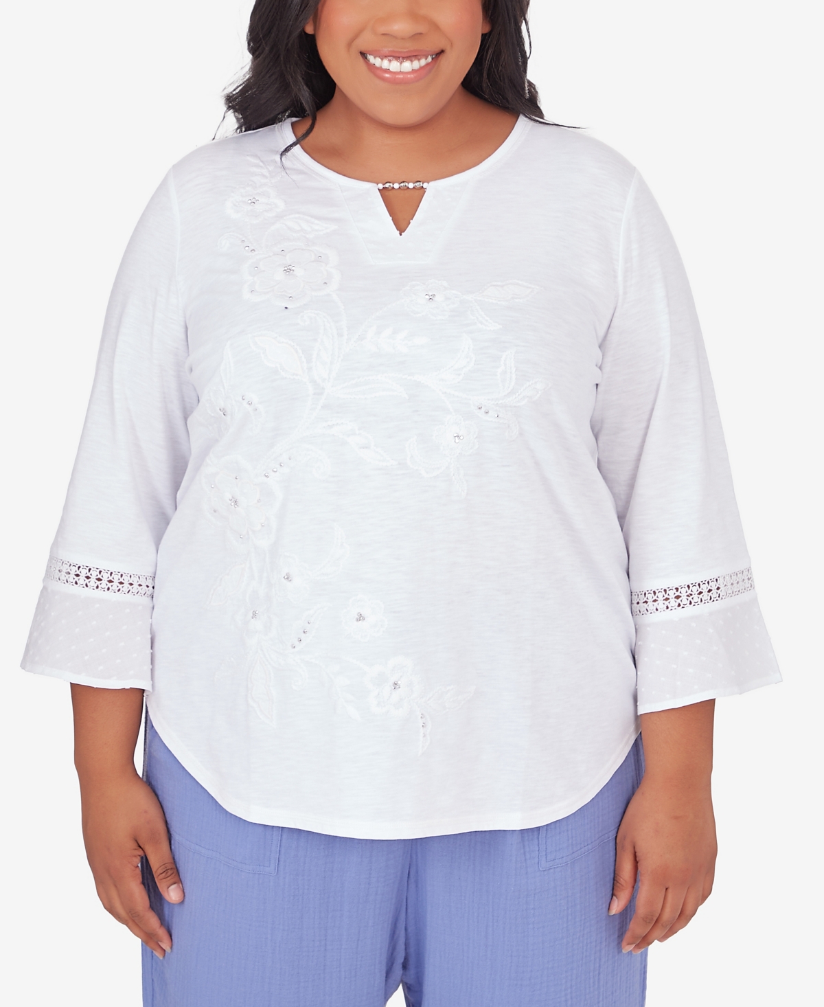 Alfred Dunner Plus Size Blue Bayou White Floral Top