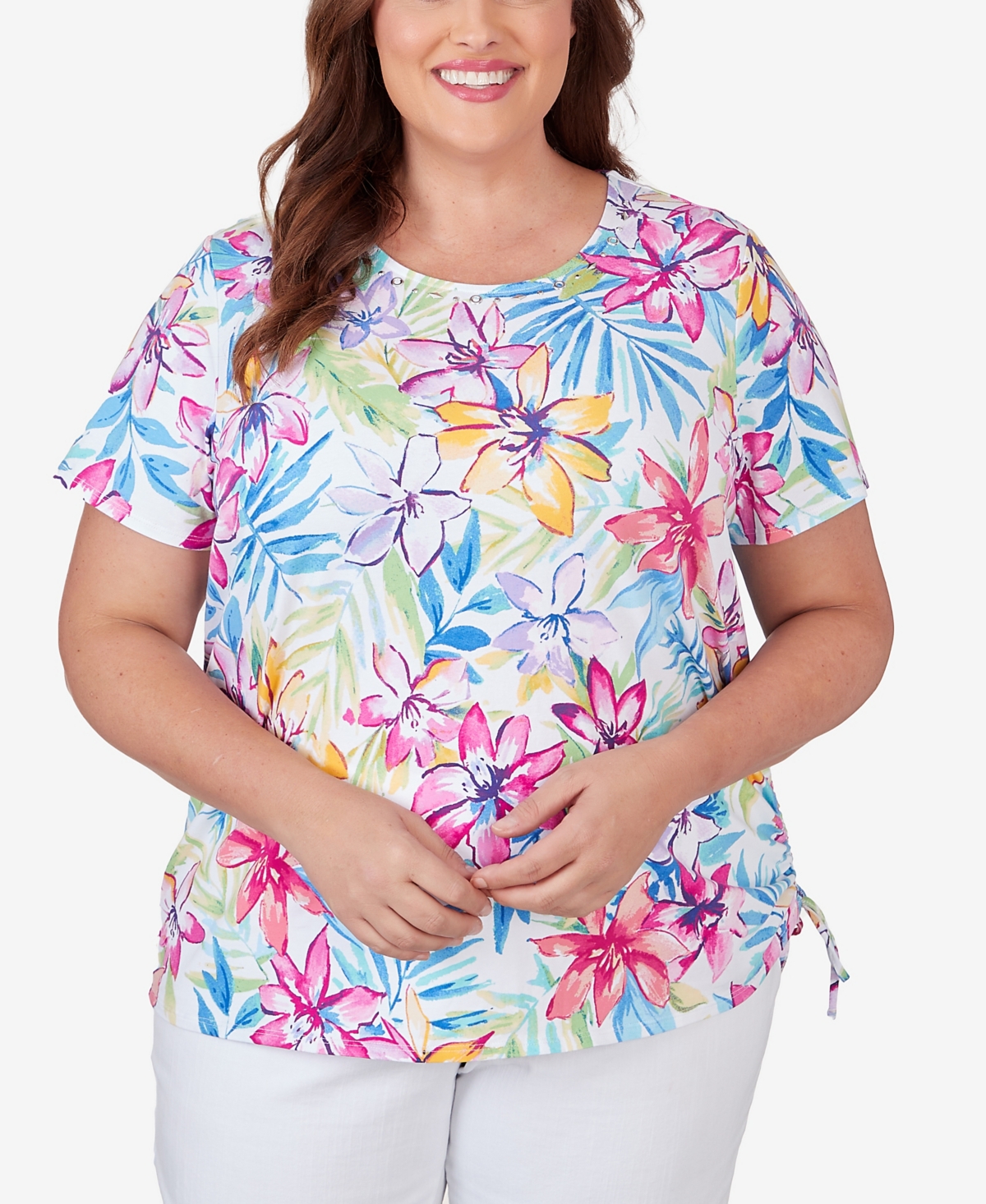 Alfred Dunner Plus Size Floral Leaf Side Tie Short Sleeve Tee In Bright