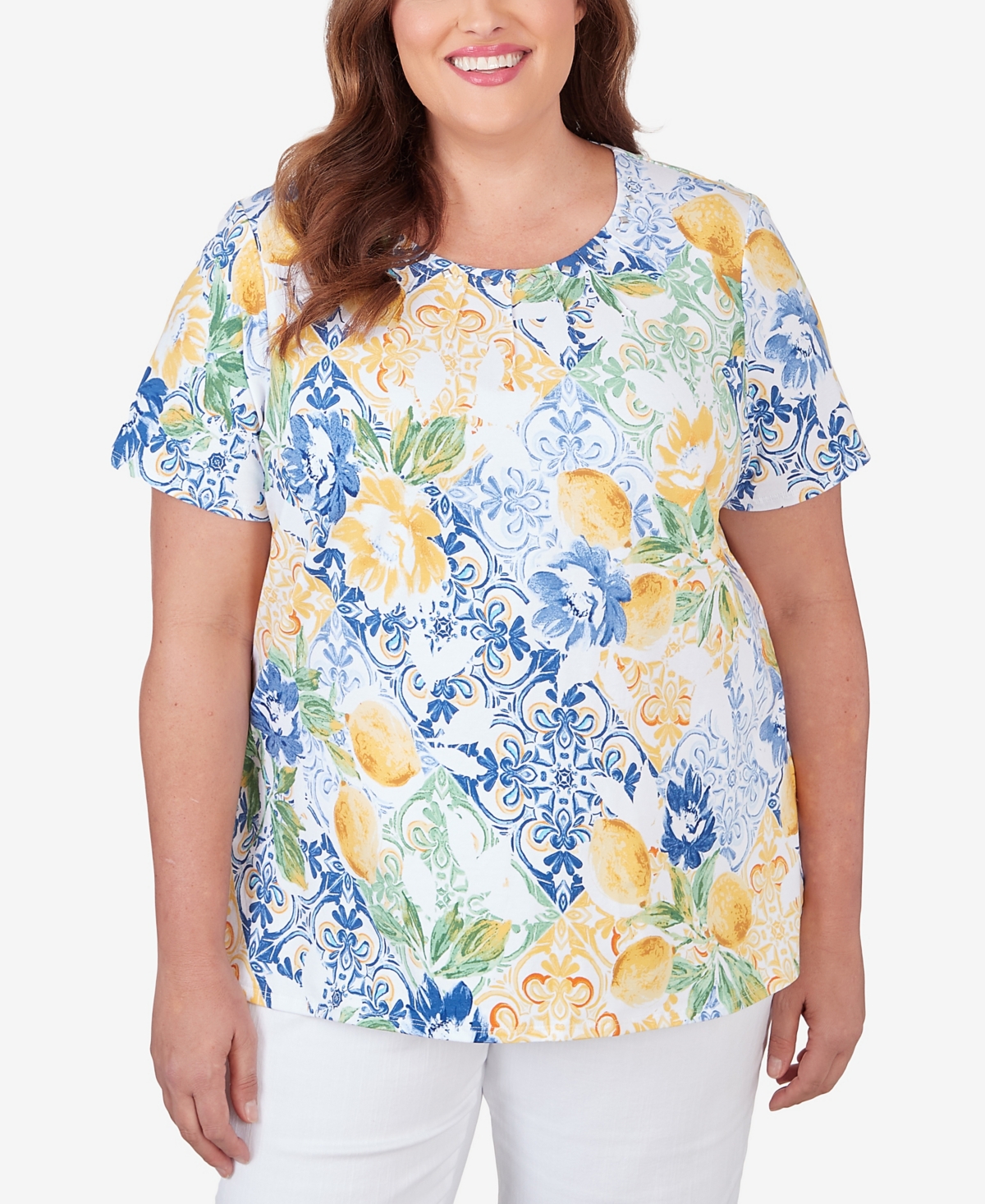 Shop Alfred Dunner Plus Size Pleated Neck Lemons Short Sleeve Top In Multi