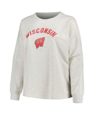 Women's Oatmeal Wisconsin Badgers Plus Size Distressed Arch Over Logo Neutral Boxy Pullover Sweatshirt