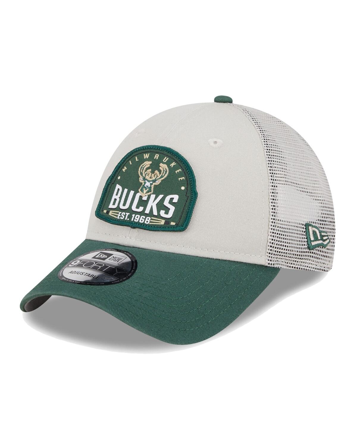 Shop New Era Men's Khaki/hunter Green Milwaukee Bucks Throwback Patch Trucker 9forty Adjustable Hat In Khaki Hunt