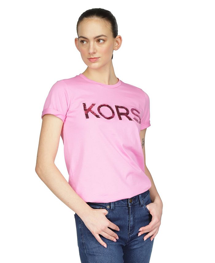 Michael Kors Women's Cotton Logo T-Shirt Pink Size Petite Large
