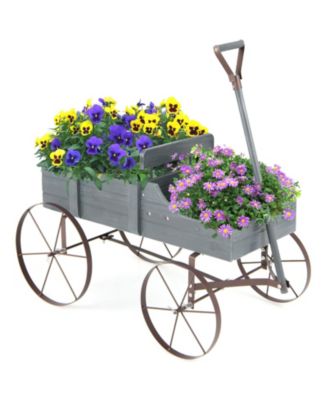 Wooden Wagon Plant Bed with Metal Wheels for Garden Yard Patio