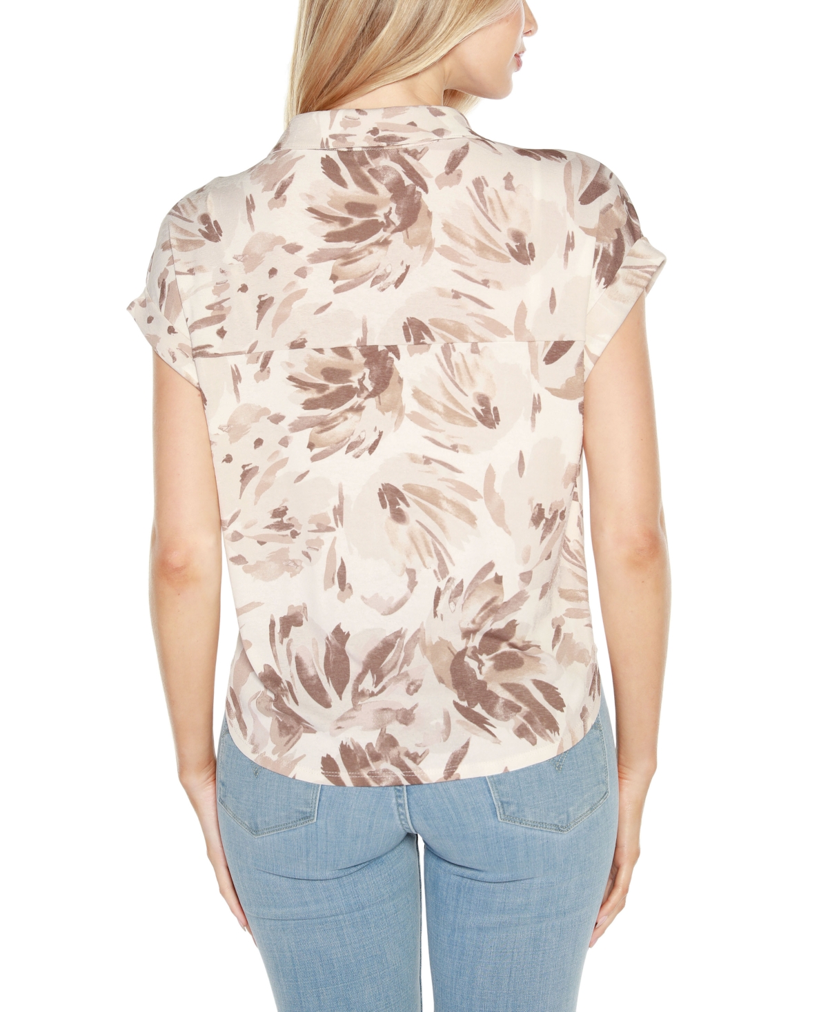Shop Belldini Women's Johnny Collar Brushed Floral Printed Top In Latte Combo