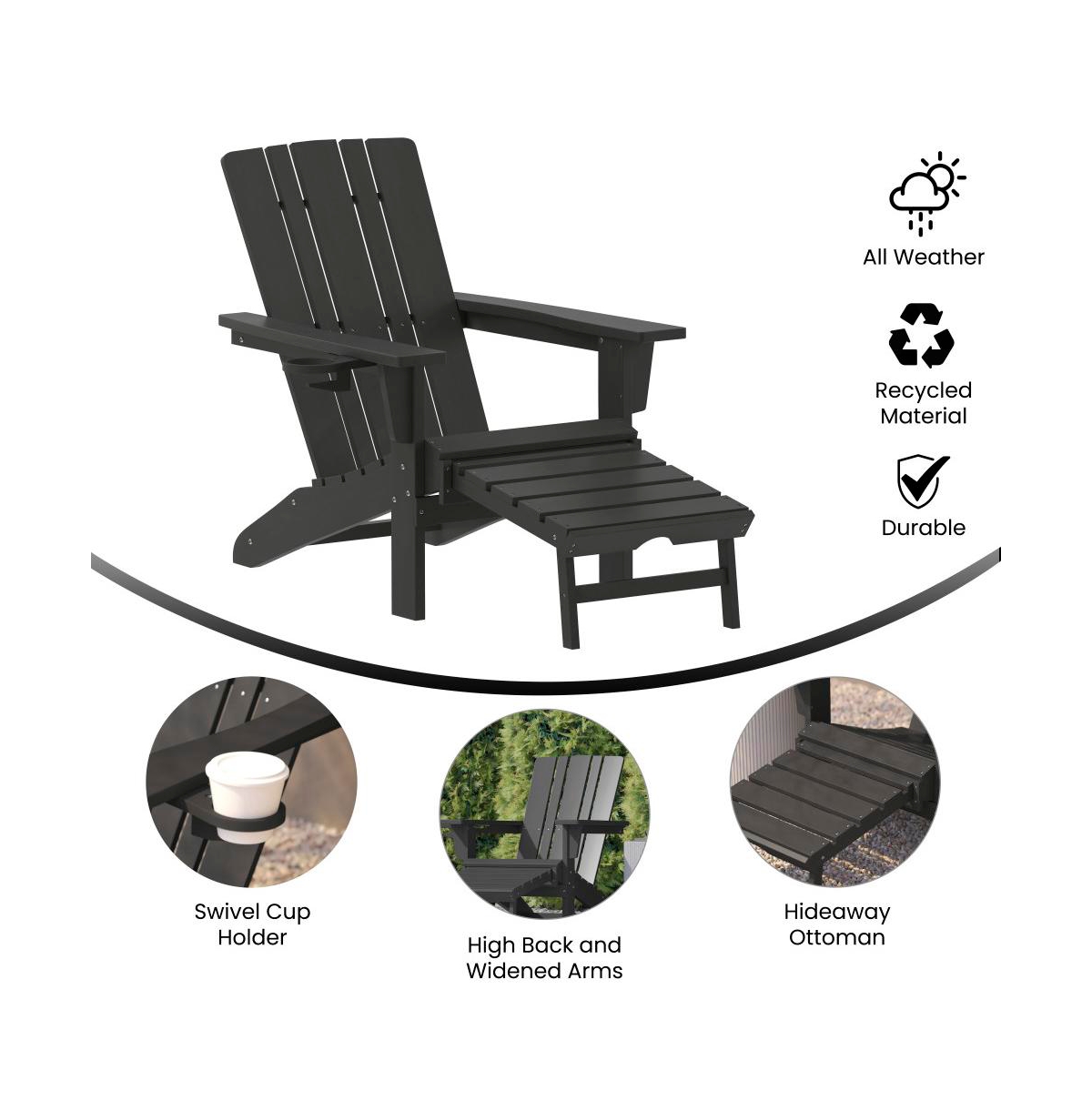 Ridley Hdpe Adirondack Chair With Cup Holder And Pull Out Ottoman, All-Weather Hdpe Indoor/Outdoor Lounge Chair