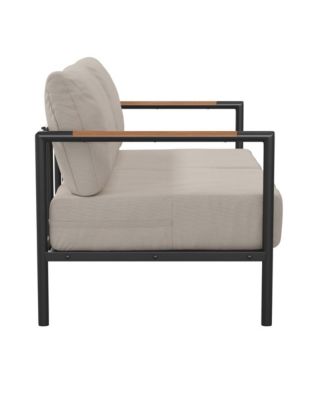 Eastport Outdoor Loveseat With Removable Plush Fabric Cushions And Teak Accented Aluminum Frame