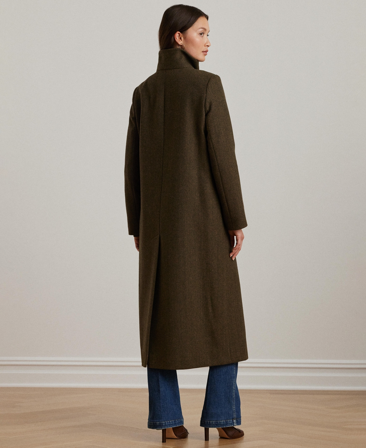 Lauren Ralph Lauren Women's Single-Breasted Stand-Collar Maxi Coat -Brown Herringbone
