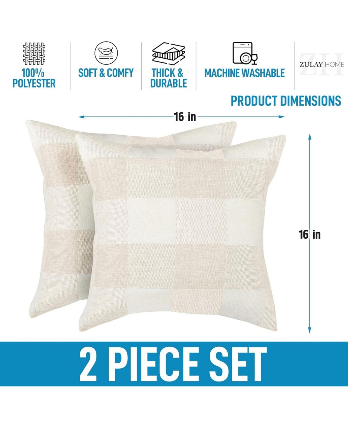 Zulay Kitchen 2 Pack Buffalo Plaid Throw Pillow Outdoor & Indoor Covers 16x16 - Cream and white