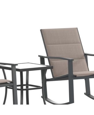 Brevyn 3 Piece Outdoor Bistro Set With Flex Comfort Rocking Chairs And Steel Framed Glass Top Table