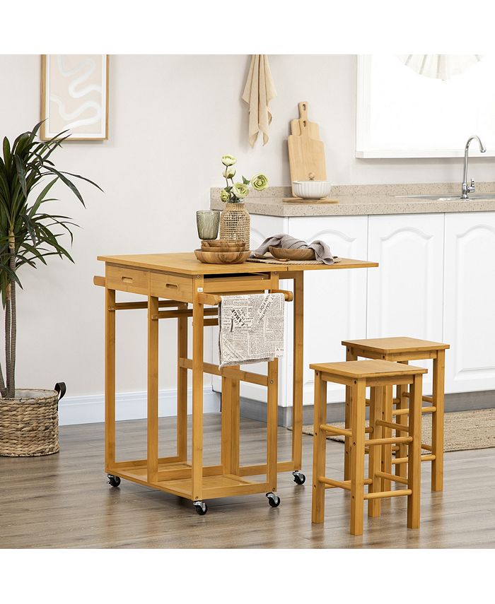 HOMCOM 3 Pieces Kitchen Island on Wheels with Drop Leaf Table for Small Spaces, Bar Table and ...