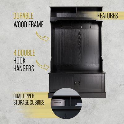Hall Tree With Double Door Entryway Storage Bench, 4 Hook Coat Rack, Top Storage Cubbies