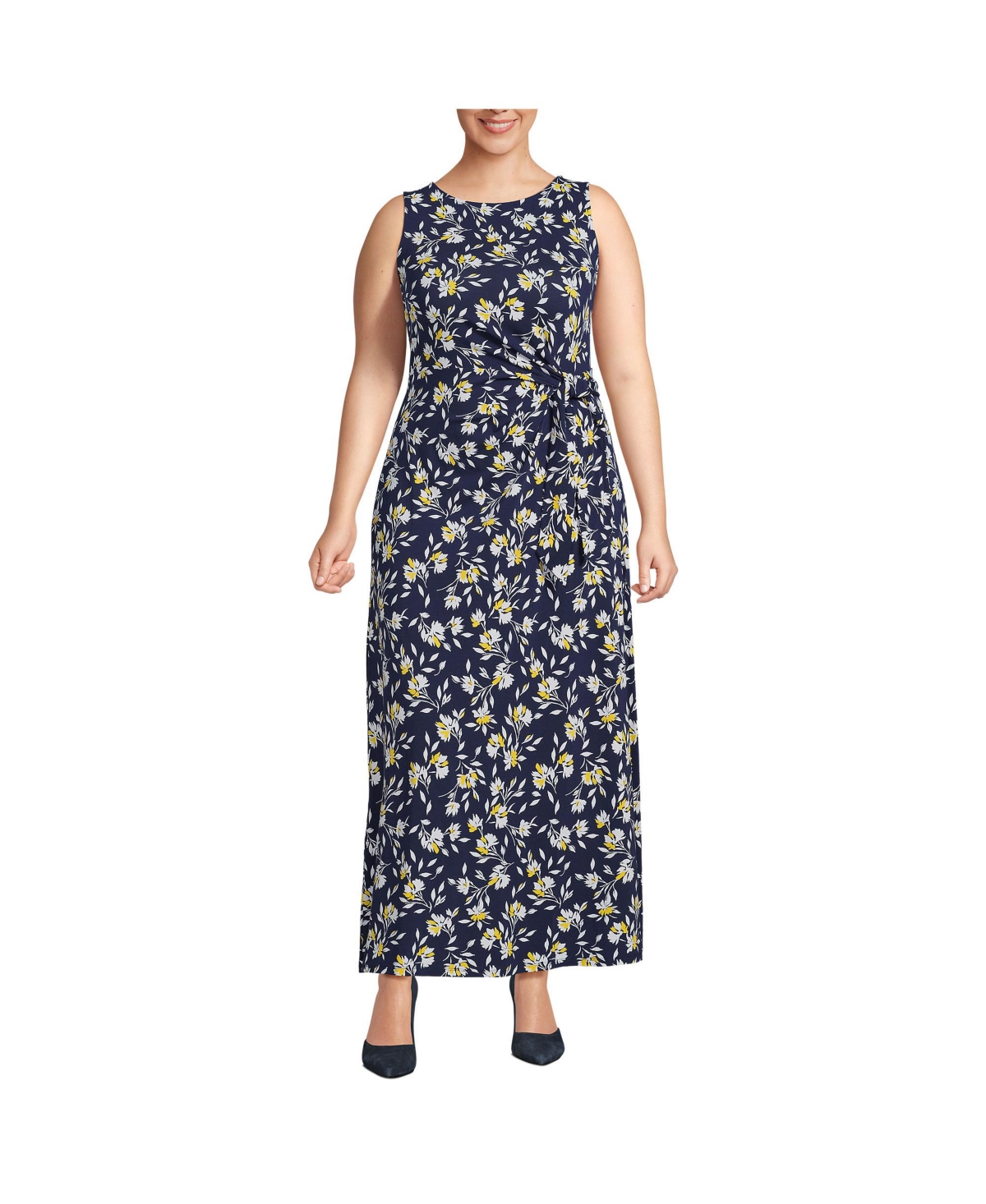 Plus Size Sleeveless Tie Waist Maxi Dress - Deep sea navy floral