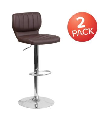 Set Of Two Swivel Bar Stools With Vertical Stitched Back And Adjustable Chrome Base With Footrest