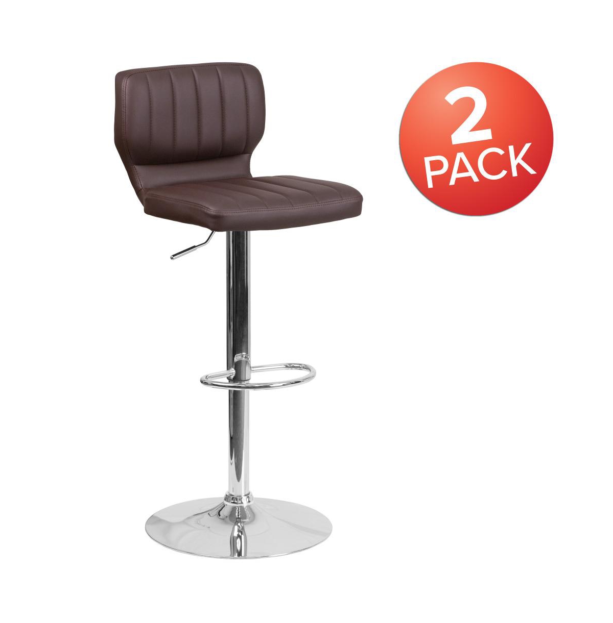 Set Of Two Swivel Bar Stools With Vertical Stitched Back And Adjustable Chrome Base With Footrest